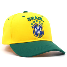 Load image into Gallery viewer, Brazil Soccer National Pride Snapback Hat – Custom Gold Shield & Trophy Embroidery
