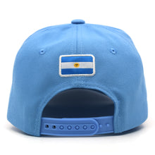 Load image into Gallery viewer, Argentina Soccer National Pride Snapback Hat – Custom Gold Shield & Trophy Embroidery