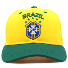Load image into Gallery viewer, Brazil Soccer National Pride Snapback Hat – Custom Gold Shield &amp; Trophy Embroidery
