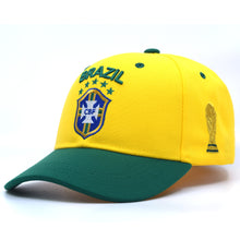 Load image into Gallery viewer, Brazil Soccer National Pride Snapback Hat – Custom Gold Shield &amp; Trophy Embroidery
