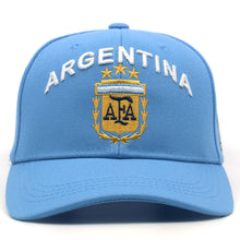 Load image into Gallery viewer, Argentina Soccer National Pride Snapback Hat – Custom Gold Shield &amp; Trophy Embroidery
